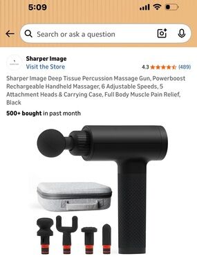 Sharper Image Black Deep Tissue Percussion Massage Gun with Attachments